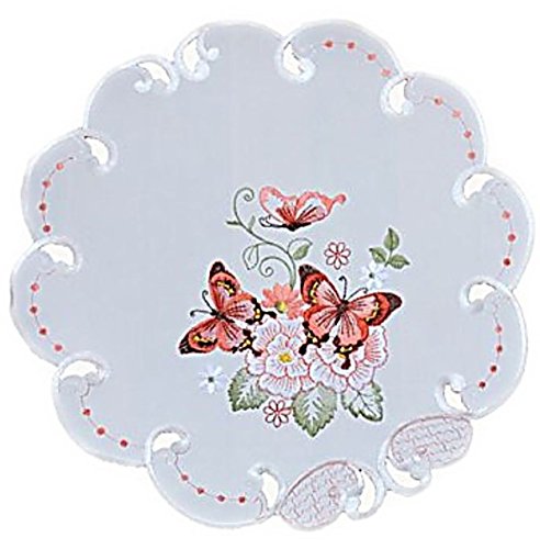 Tischdecke 40 cm Rund Sekt Schmetterlinge Rot Bunt Gestickt Deckchen Frühling Sommer (40 cm) von Raebel OHG