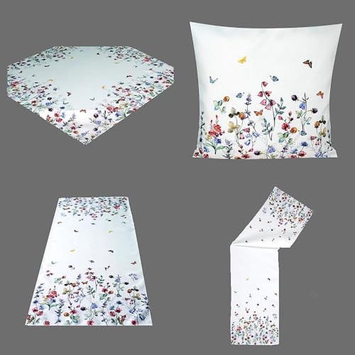 Tischdecke Mitteldecke Tischläufer Kissenhülle wollweiß bedruckt mit bunten Blumen (Kissenhülle 40 x 40 cm) von Raebel OHG