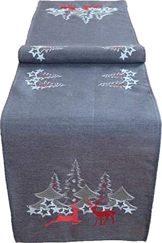 Raebel - Stillvolle Weihnachtsmitteldecke mit edler silberner Stickerei - grau/Silber/rot (Roter Hirsch mit Glassteinen, 85 x 85 cm) von Raebel OHG