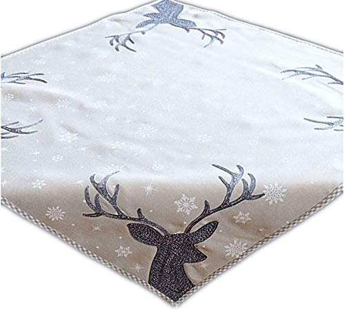 Quadratisch Polyester Tischdecke 85 x 85 cm hellgrau weiß eisblau Stickerei 'Hirsch' Weihnachten Weihnachtsdeko Weihnachtstischdecke Mitteldecke Tischdeko von Raebel OHG