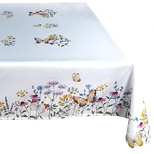 Tischdecke Mitteldecke Tafeltuch Längen bis 225 cm Frühling Sommer wollweiß Bedruckt mit gelben Schmetterlinge und bunten Blumen (110 x 160 cm) von Raebel OHG