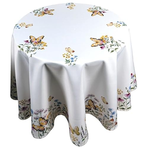 Tischdecke Mitteldecke Tafeltuch rund 130, 150, 170 cm Frühling Sommer wollweiß Bedruckt mit gelben Schmetterlinge und bunten Blumen (150 cm) von Raebel OHG
