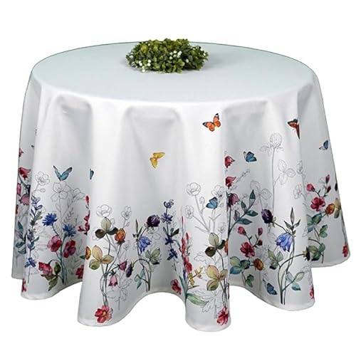 Tischdecke Mitteldecke Tafeltuch rund 130, 150, 170 cm Frühling Sommer wollweiß Bunte Blumen und Schmetterlinge (130 cm) von Raebel OHG