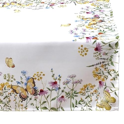 Tischdecke Mitteldecke Tischläufer Kissenhülle Frühling Sommer wollweiß Bedruckt mit gelben Schmetterlingen und bunten Blumen (110 x 110 cm) von Raebel OHG