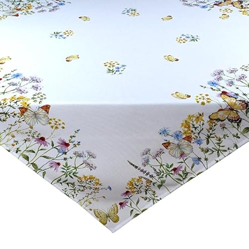 Tischdecke Mitteldecke Tischläufer Kissenhülle Frühling Sommer wollweiß Bedruckt mit gelben Schmetterlingen und bunten Blumen (85 x 85 cm) von Raebel OHG