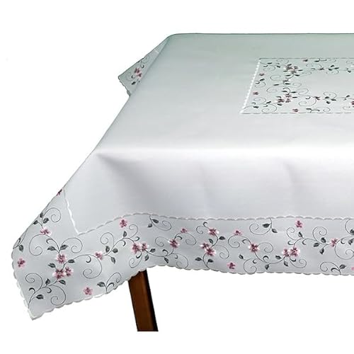 Tischdecke Tafeltuch 110 x 160 oder 130 x 170 cm oder 130 x 225 cm wollweiß Bestickt mit rosa Blüten und grünen Ranken (110 x 160 cm) von Raebel OHG