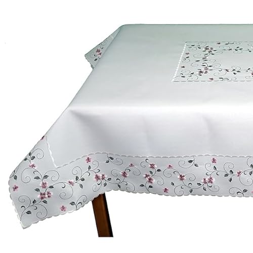 Tischdecke Tafeltuch 110 x 160 oder 130 x 170 cm oder 130 x 225 cm wollweiß Bestickt mit rosa Blüten und grünen Ranken (110 x 160 cm) von Raebel OHG