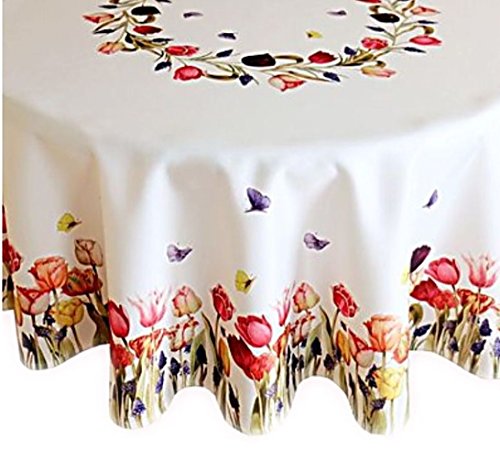 Raebel Tischdecke 150 cm Rund Weiß Tulpen Bunt Tischtuch Tafeltuch Frühling von Raebel