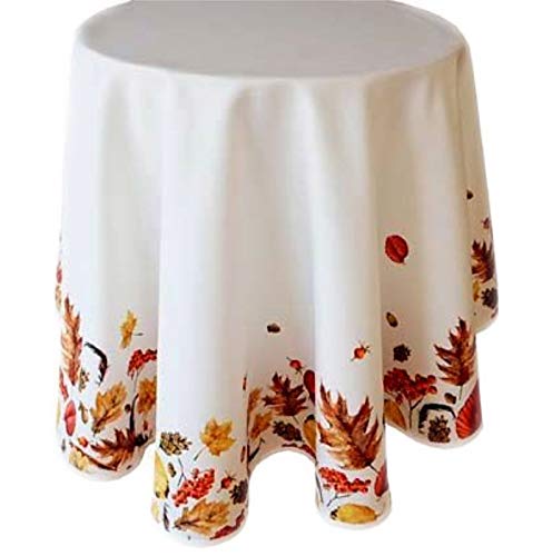 Raebel Tischdecke Herbst Pflegeleicht Decke Herbstdecke Tischtuch Rund Weiß Herbstlaub (130 cm) von Raebel OHG