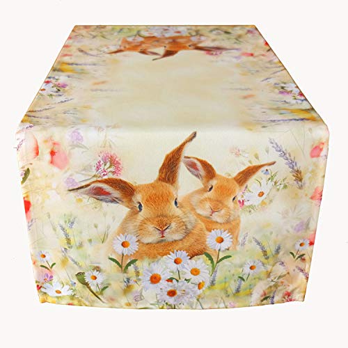 Raebel Tischdecke - hellgelb-bunt Stickerei Druck Hasen auf Frühlingswiese Ostern (110 x 110 cm) von Raebel
