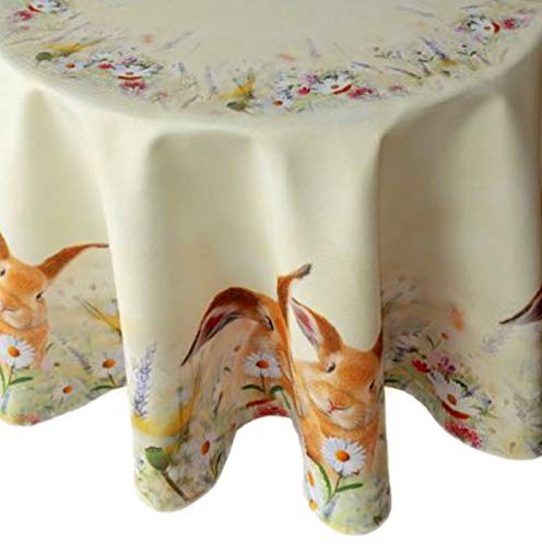 Raebel OHG Tischdecke - hellgelb-bunt Stickerei Druck Hasen auf Frühlingswiese Ostern (150 cm rund) von Raebel OHG
