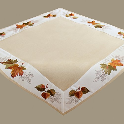 Tischdecke 85 x 85 cm "Stickerei Blätter" beige bunt Mitteldecke Herbst Tischdeko Herbstdeko von Raebel OHG