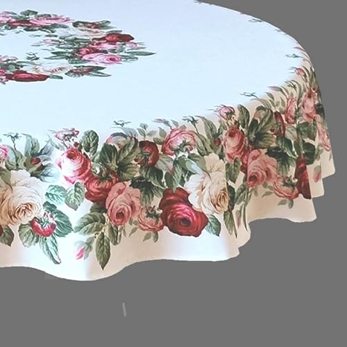 Tischdecke Tafeltuch rund 150 cm Rosen Bouquet rot/Ecru Pflegeleichte Qualität von Raebel