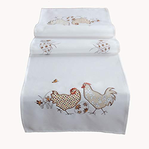 Raebel OHG - Hübsche Tischdecke 110x110 cm OSTERN Weiß Hühner Applikation Stickerei Hellbraun pflegeleichte Osterdecke Ostertischdecke (110 x 110 cm) von Raebel OHG
