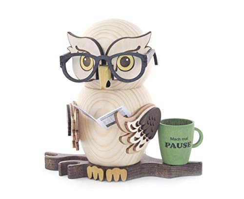 Räucherfigur Eule mit Brille Zeitung und Kaffeetasse Original Erzgebirge Handarbeit Holzfigur Eule in modernem Design Weihnachtsdeko Dekofigur für Weihnachten Sammlerfigur Eule Rauchfigur von Räucherfigur