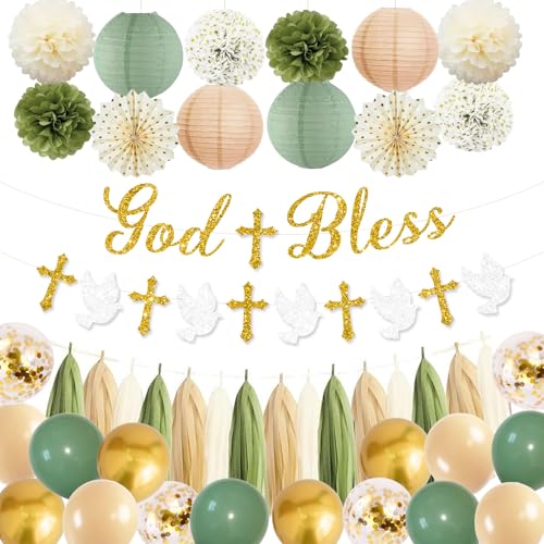 Salbeigrün und Gold Taufe Party Dekorationen - Erstkommunion Dekorationen Jungen Mädchen Taufe Dekor Gott Segen Banner Girlande Seidenpapier Pom Poms und Luftballons für Mi Bautizo Party Supplies Salbeigrün und Gold Taufe Party Dekorationen - Erstkommunion Dekorationen Jungen Mädchen Taufe Dekor Gott Segen Banner Girlande Seidenpapier Pom Poms und Luftballons für Mi Bautizo Party Supplies von Rahase