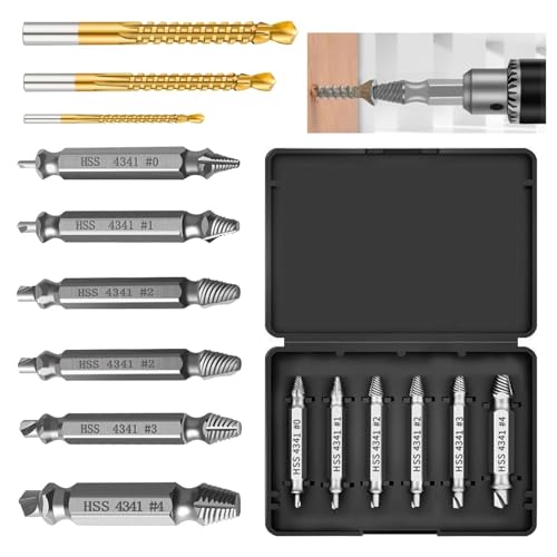 Raheem 9-teiliges Schraubenausdreher-Set, 6 HSS-Ausdreher + 3 Karbonstahl-Bohrer für abisolierte, rostete, gefrorene, gebrochene hartnäckige Schrauben und Bolzen, einfaches Herausziehen, Werkzeug-Set Raheem 9-teiliges Schraubenausdreher-Set, 6 HSS-Ausdreher + 3 Karbonstahl-Bohrer für abisolierte, rostete, gefrorene, gebrochene hartnäckige Schrauben und Bolzen, einfaches Herausziehen, Werkzeug-Set von Raheem
