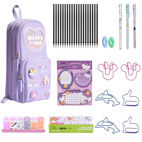 Raheem Niedliches Federmäppchen, schönes Schreibwaren-Set mit Eisbär-Bleistiftbeutel, 3 Gel-Tintenroller (0,5 mm) mit 20 Nachfüllungen, 2 Radiergummis, 240 Notizseiten, 6 Büroklammern, 1 Haftnotizen von Raheem