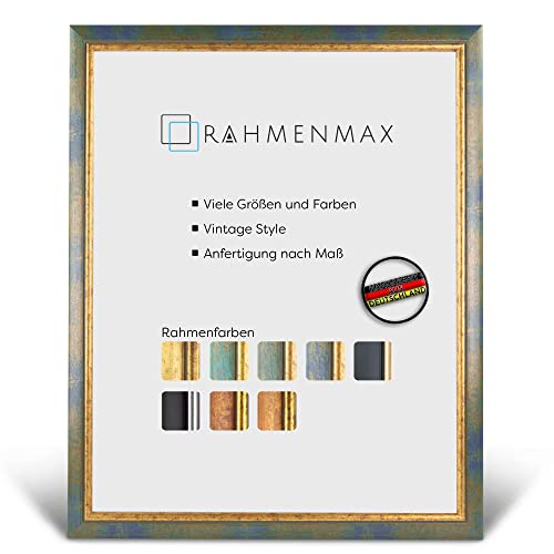 RahmenMax® Elsass Bilderrahmen 21x30 cm zum Aufhängen/Vintage Bilderrahmen Maßanfertigung möglich/Posterrahmen aus Holz/Bilder Rahmen in Blau-Gold mit Acrylglas/Puzzle Rahmen von RahmenMax