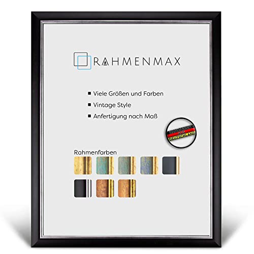 RahmenMax® Elsass Bilderrahmen 46x61 cm zum Aufhängen/Vintage Bilderrahmen Maßanfertigung möglich/Posterrahmen aus Holz/Bilder Rahmen in Schwarz-Silber mit Acrylglas/Puzzle Rahmen von RahmenMax