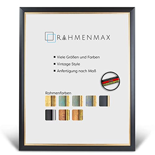 RahmenMax® Elsass Bilderrahmen 50x65 cm zum Aufhängen/Vintage Bilderrahmen Maßanfertigung möglich/Posterrahmen aus Holz/Bilder Rahmen in Schwarz-Gold mit Acrylglas/Puzzle Rahmen von RahmenMax