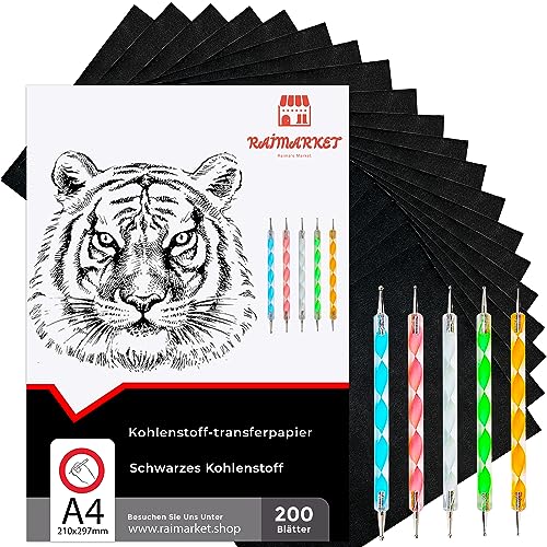 Raimarket 200 Blätter Schwarzes Kohlepapier, Transferpapier | Zeichnen von Entwürfen mit pauspapier | Premium-Qualität Graphitpapier von Raimarket