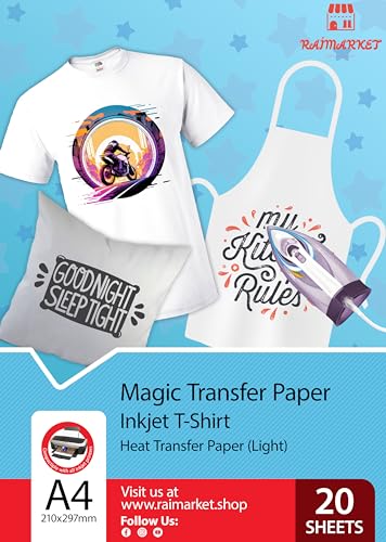 Transferpapier/Bügelpapier/Transferfolie für HELLE Textilien/Stoffe von Raimarket | 20 Blatt | A4 Inkjet Bügeleisen auf Papier/Transferfolie/T-Shirt-Transfers | Textilefolien | DIY Stoffdruck (20) von Raimarket