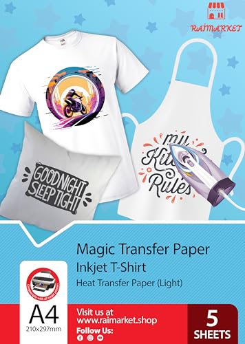 Transferpapier/Bügelpapier/Transferfolie für HELLE Textilien/Stoffe von Raimarket | 5 Blatt | A4 Inkjet Bügeleisen auf Papier/Transferfolie/T-Shirt-Transfers | Textilefolien | DIY Stoffdruck (5) von Raimarket