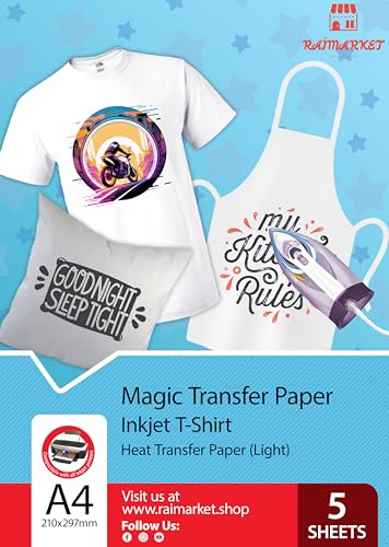 Transferpapier/Bügelpapier/Transferfolie für HELLE Textilien/Stoffe von Raimarket | 5 Blatt | A4 Inkjet Bügeleisen auf Papier/Transferfolie/T-Shirt-Transfers | Textilefolien | DIY Stoffdruck (5) von Raimarket