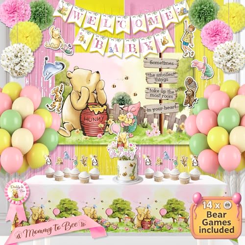 Winnie Baby Shower Dekorationen Rosa - Puuh Luftballons, Hintergrund, Willkommen Baby Banner, Tischdecke, Kuchenaufsätze, Pompons, Schärpe & mehr - Klassische Pooh Babyparty Thema Party Dekor von RainMeadow