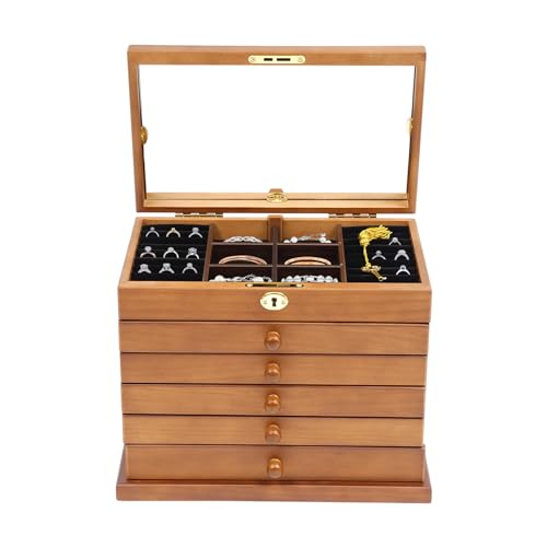 RainWeel Schmuckkasten aus Holz Groß Schmuckkästchen mit 6 Ebenen Vintage Schmuckschatulle mit Spiegel und Schloss in Braun von RainWeel