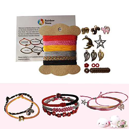 RainbowStone DIY Friendship Bracelet Braiding Kit A - 24 m Makramee-Fäden in 6 Farben + 21 Charms/Perlen + Video-Tutorials von RainbowStone