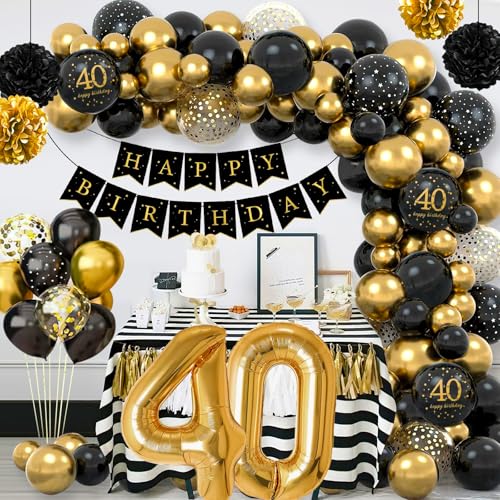 40 Geburtstag Deko Männer Frauen,40. Geburtstag Frau Mann,40 Jahr Geburtstagdeko Luftballons Schwarz Gold,Deko 40 Geburtstag Mit Happy Birthday Banner,Pompoms für Frau Mann 40 geburtstag Birthday Deko von Rainllon