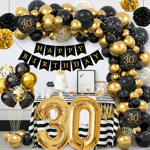 Deko 30 Geburtstag Frau Mann,Geburtstagsdeko 30 Männer Frauen,30 Geburtstag Schwarz Gold Luftballons Deko Luftballons mit Happy Birthday Banner,Pompoms für Frau Mann 30.Geburtstag Dekorationen von Rainllon