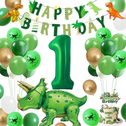 Dino Geburtstag Deko,Rainllon Geburtstagsdeko 1 Jahr Jungen,Dinosaurier Kindergeburtstag Deko 1,Grüne Luftballons 1 Geburtstag,Dino Folienballon für Dschungel Party Geburtstag 1 Deko Junge Mädchen von Rainllon