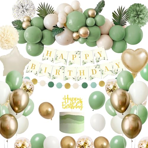 Geburtstagsdeko Grün Gold,Rainllon Deko Geburtstag Mädchen Junge,Kindergeburtstag Deko Avocado Grüne Sandweiß Luftballons,Happy Birthday Banner, Pompons für Männer Frauen Geburtstag Deko (0) von Rainllon