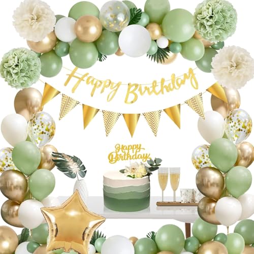 Geburtstagsdeko Grün Gold,Deko Geburtstag Grün Mädchen Junge, Dschungel Kindergeburtstag Deko Avocado Grüne Gold Luftballons, Happy Birthday Banner, Pompons für Männer Frauen Geburtstag Deko von Rainllon