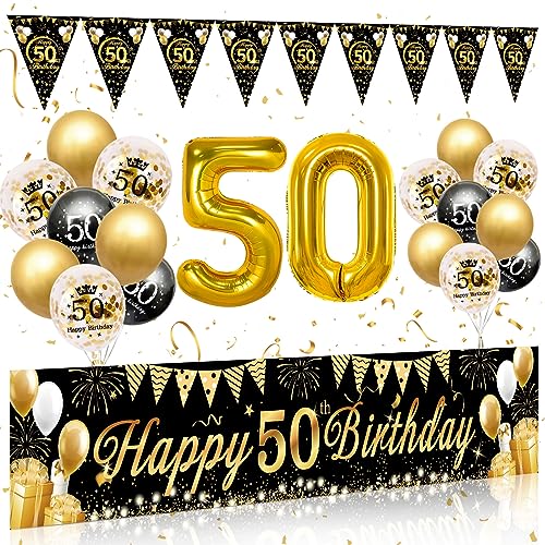 50 Geburtstag Deko Mann Frau, 50 Happy Birthday Banner Schwarz Gold, Luftballons 50 Geburtstag Girlande Wimpel, Deko 50. Geburtstag Hintergrund Ballons Schwarz Gold für 50 Geburtstag Männer Frauen von Rainllon