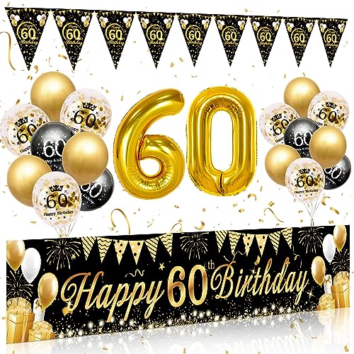 60 Geburtstag Deko Mann Frau, 60 Happy Birthday Banner Schwarz Gold, Luftballons 60 Geburtstag Girlande Wimpel, Deko 60. Geburtstag Hintergrund Ballons Schwarz Gold für 60 Geburtstag Männer Frauen von Rainllon