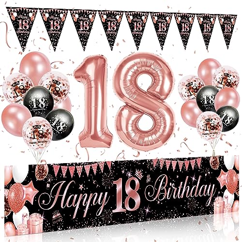 18. Geburtstag Dekoration Mädchen,Happy Birthday Banner Girlande Wimpel,18 Geburtstag Deko Banner Hintergrund und Schwarz Rosegold Konfetti Luftballons für Decorations 18 Geburtstagsdeko Mädchen von Rainllon