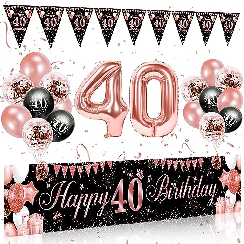 40 Geburtstag Dekoration Mann Frau,40 Happy Birthday Banner Girlande,40. Geburtstag Deko Banner Hintergrund und Schwarz Rosegold Luftballons Konfetti Luftballons für Deko 40 Geburtstag Männer Frauen von Rainllon