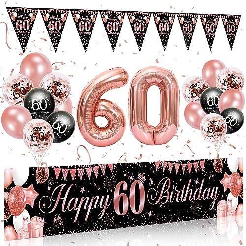 60 Geburtstag Dekoration Mann Frau,60 Happy Birthday Banner Girlande,60. Geburtstag Deko Banner Hintergrund und Schwarz Rosegold Luftballons Konfetti Luftballons für Deko 60 Geburtstag Männer Frauen von Rainllon