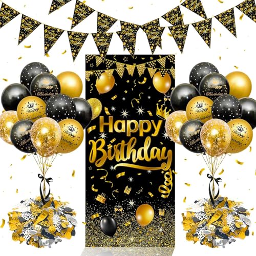 Geburtstagsdeko,Rinllon Geburtstag Deko Männer Frauen,Deko Geburtstag Luftballons Schwarz Gold,Geburtstags Deko Lange Banner Hintergrund Schwarz Gold,Geburtstagsdekoration für Frauen Mann von Rainllon