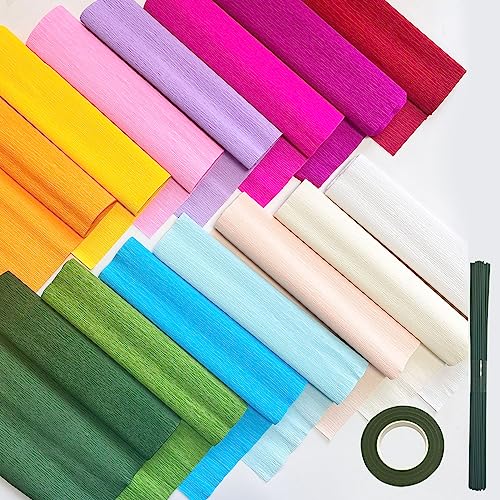 65-teiliges Krepppapier-Blumen-Bastelset, 14 Rollen Regenbogenfarben, Krepppapierrollen, 2,4 m lang, 25,4 cm breit, 50 Stück grüner Blumendraht und 1 Rolle grünes Klebeband für Geburtstagsparty, Hochzeit, Festival, Ornament von Rainmae