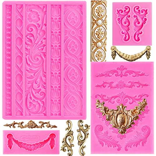 Rainmae 4 Stück Barock-Fondant-Silikonformen, Reliefblumen-Spitzen-Schokoladenform, filigrane Form, 3D-Dekoration, Cupcake-Topper, Schmuck, Polymerton, Bastelprojekte von Rainmae