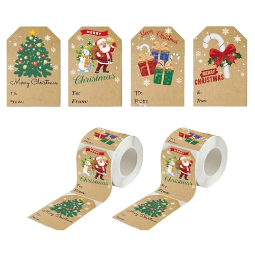 600 Stück Weihnachts Geschenkanhänger, 4.5 * 3cm Weihnachten Etiketten Aufkleber Selbstklebend, Weihnachten Kraftpapier Aufkleber Rolle, Weihnachtssticker Geschenketikette zum Beschriften von Rainway