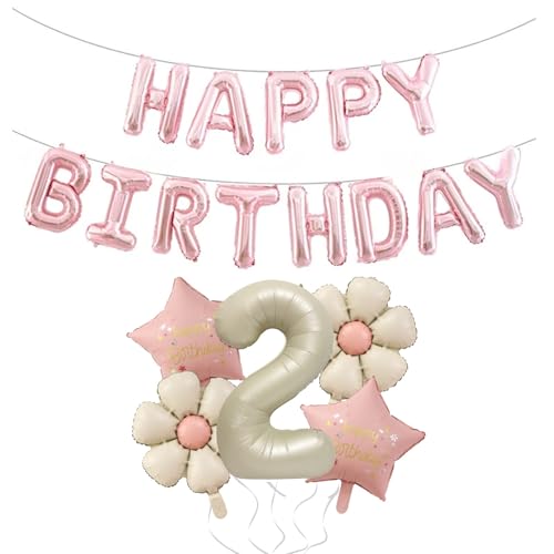 Geburtstagsdeko 2 Jahre Mädchen, Gänseblümchen Folienballon mit "Happy Birthday" Banner, Rose Gold Banner Folie Buchstaben Ballons, Zahlen 2 Ballon Geburtstag Dekorationen für Kinder von Rainway