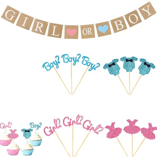 Gender Reveal Party Deko Set, 12 Stück Boy&Girl Cupcake Toppers und 1 Stück "Girl or Boy" Babyshower Banner, Babyparty Girlande Tortendeko Glitter, Baby Party Dekoration für Baby Shower von Rainway