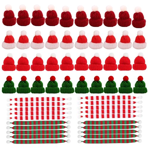 Rainway 60 Stück Mini Weihnachtsmütze und Schal Set, Mini Puppen Hut Kleine Weihnachtsmützen, Dekorative Strickmütze Santa Hüte, Mützen zum Basteln Wichtel Zubehör Weihnachten (Mehrfarbig) von Rainway