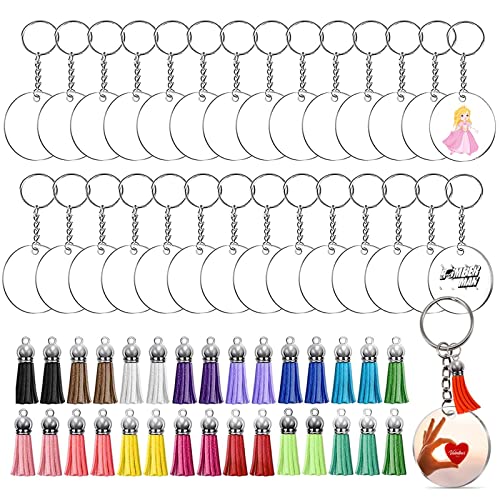 120 Stück Acryl Schlüsselanhänger Rohlinge Set, Runde Mehrfarige Troddel DIY Schlüsselanhänger mit 30 Acrylanhäger Rohling 30 Bunt Quasten Anhänger mit 30 Kette und 30 Biegeringe, für DIY Projekte von Rairsky